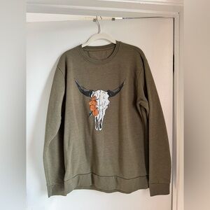 Olive Green Sweatshirt with Skull Design